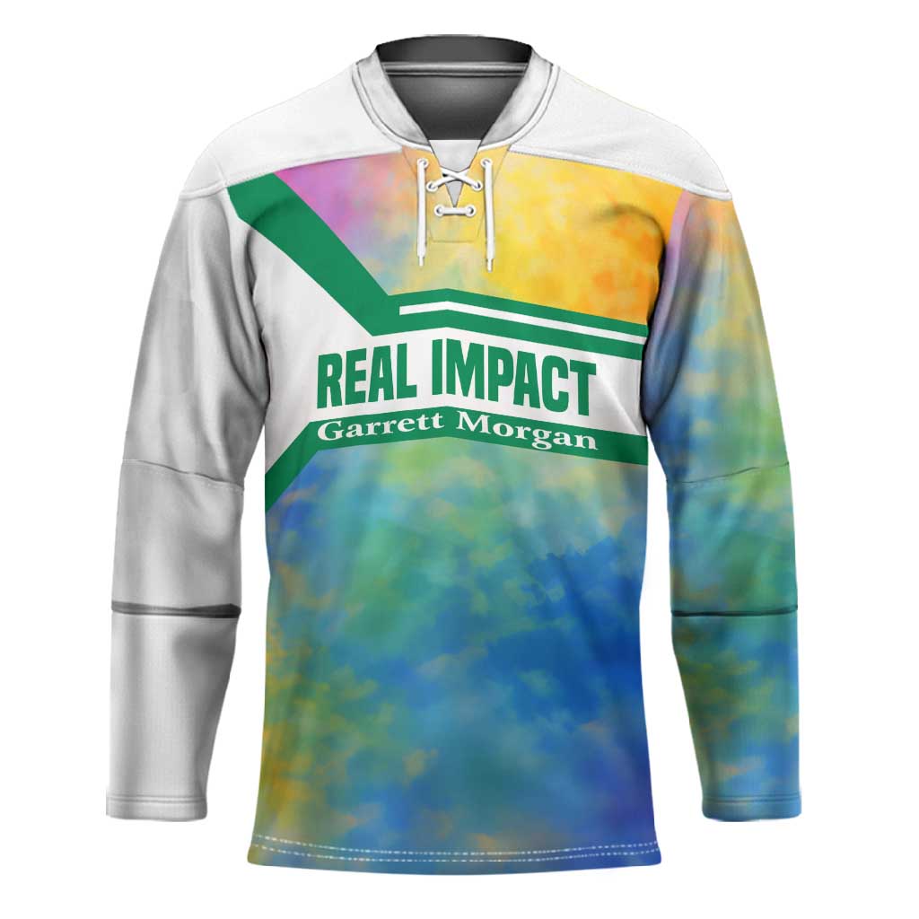 Garrett Morgan Hockey Jersey with Real Impact Quote, Black Inventor Portrait and Vibrant Watercolor - Wonder Print Shop
