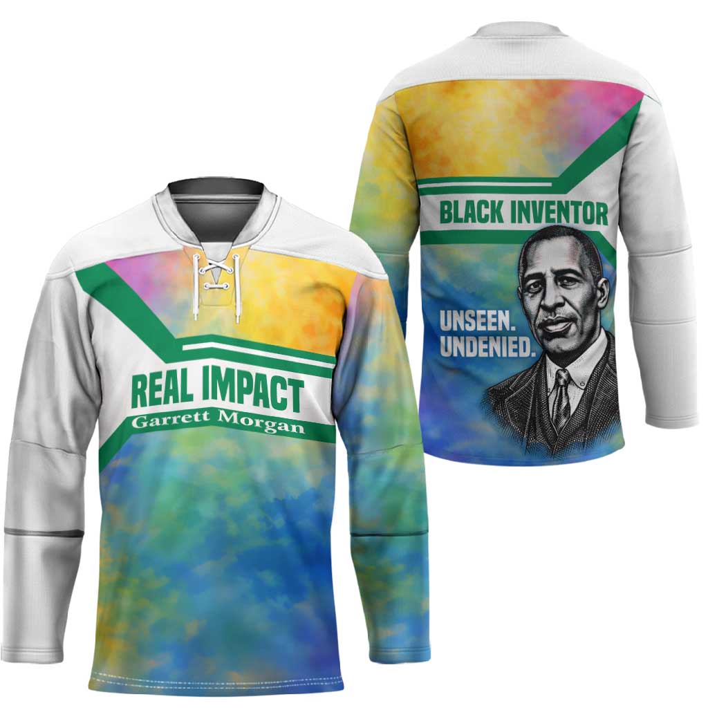 Garrett Morgan Hockey Jersey with Real Impact Quote, Black Inventor Portrait and Vibrant Watercolor - Wonder Print Shop