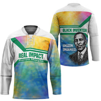 Garrett Morgan Hockey Jersey with Real Impact Quote, Black Inventor Portrait and Vibrant Watercolor - Wonder Print Shop