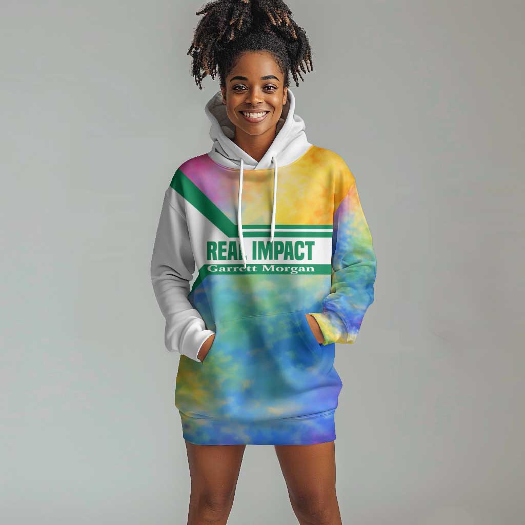 Garrett Morgan Hoodie Dress with Real Impact Quote, Black Inventor Portrait and Vibrant Watercolor - Wonder Print Shop