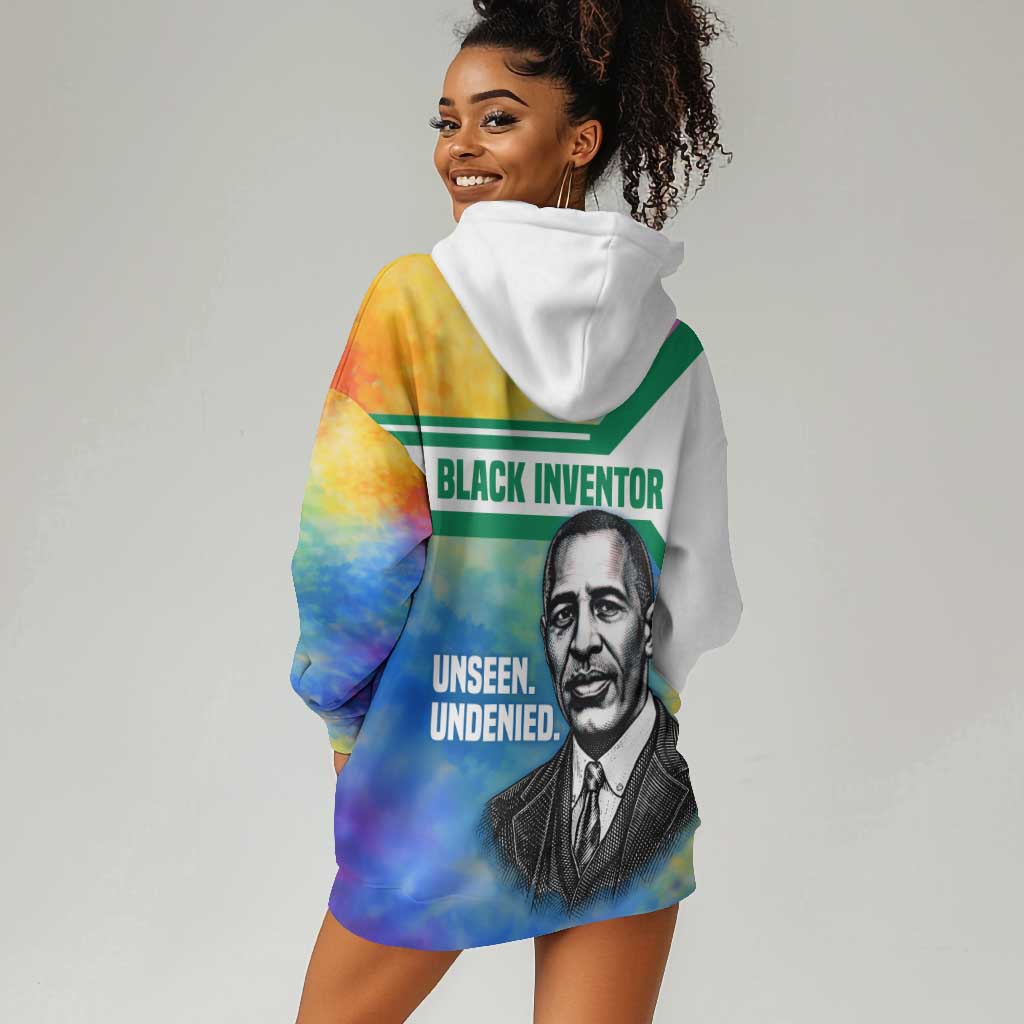Garrett Morgan Hoodie Dress with Real Impact Quote, Black Inventor Portrait and Vibrant Watercolor - Wonder Print Shop