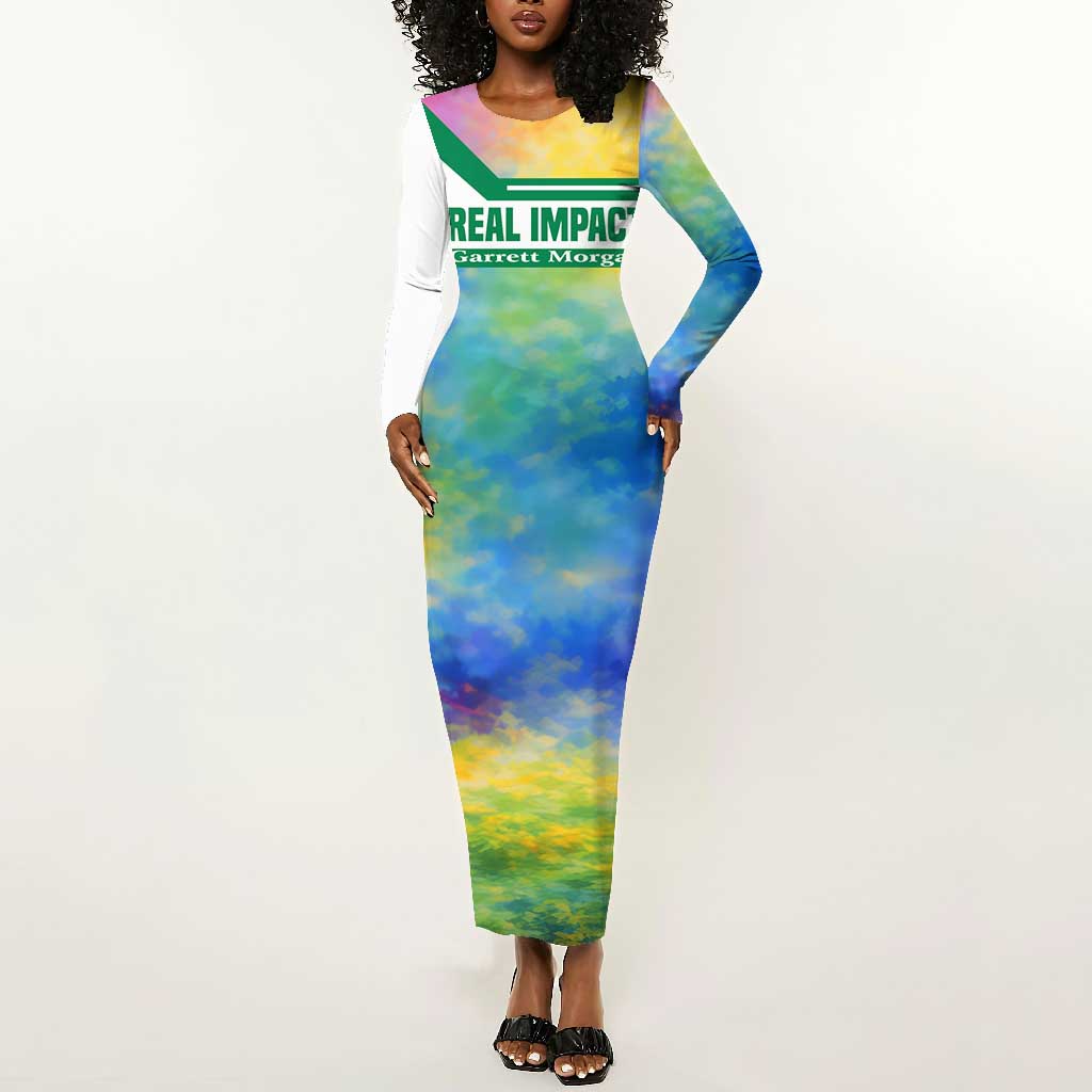 Garrett Morgan Long Sleeve Bodycon Dress with Real Impact Quote, Black Inventor Portrait and Vibrant Watercolor - Wonder Print Shop
