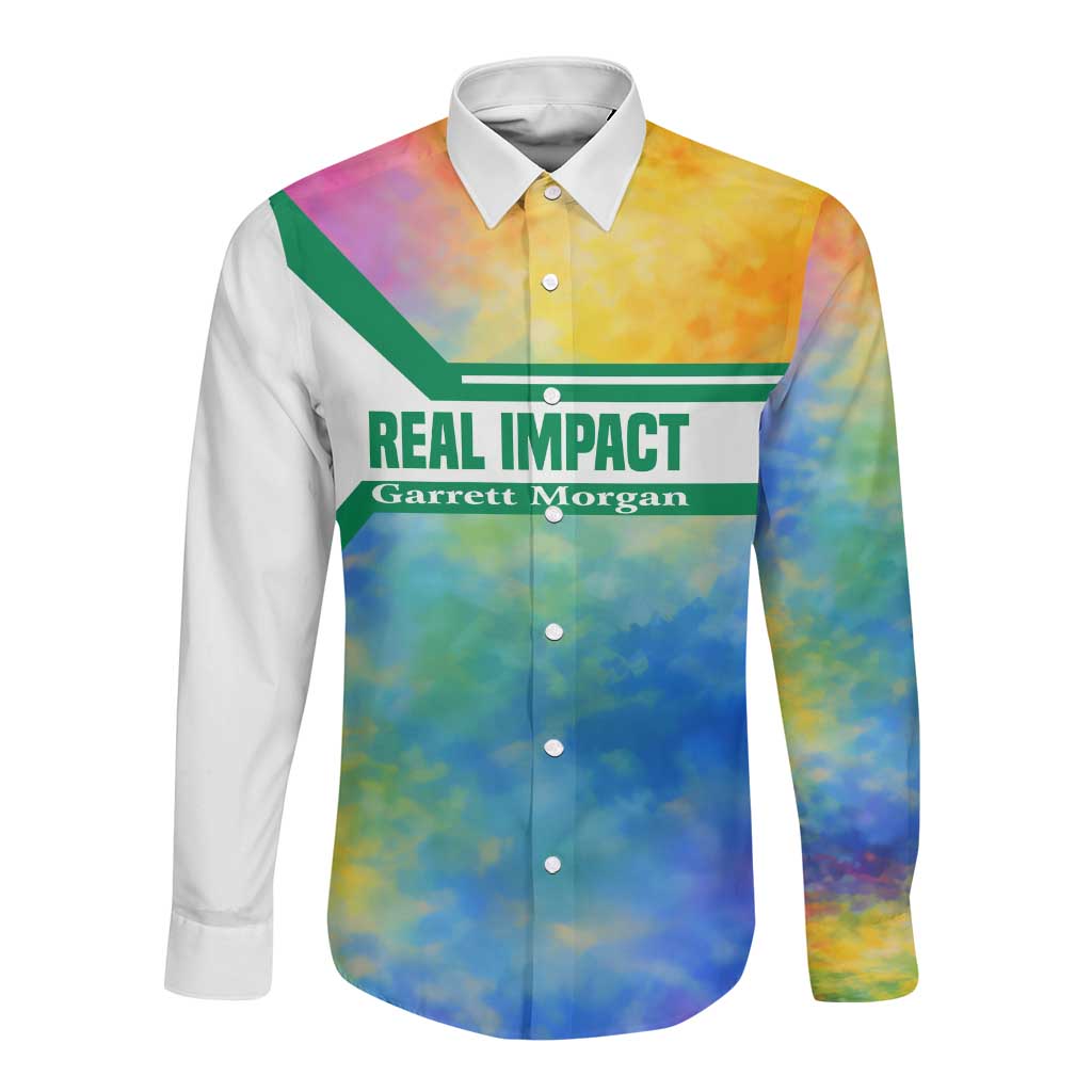 Garrett Morgan Long Sleeve Button Shirt with Real Impact Quote, Black Inventor Portrait and Vibrant Watercolor - Wonder Print Shop