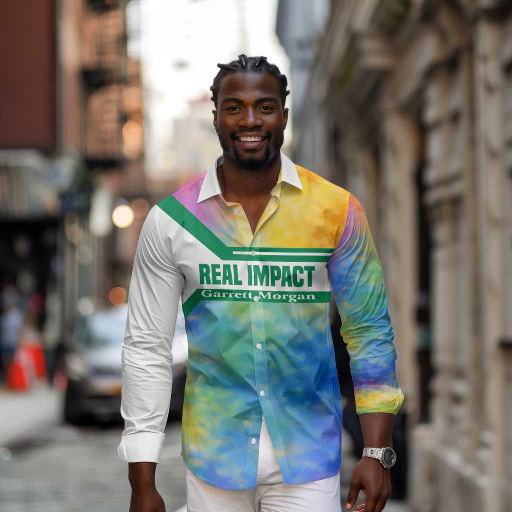 Garrett Morgan Long Sleeve Button Shirt with Real Impact Quote, Black Inventor Portrait and Vibrant Watercolor - Wonder Print Shop