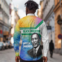 Garrett Morgan Long Sleeve Button Shirt with Real Impact Quote, Black Inventor Portrait and Vibrant Watercolor - Wonder Print Shop