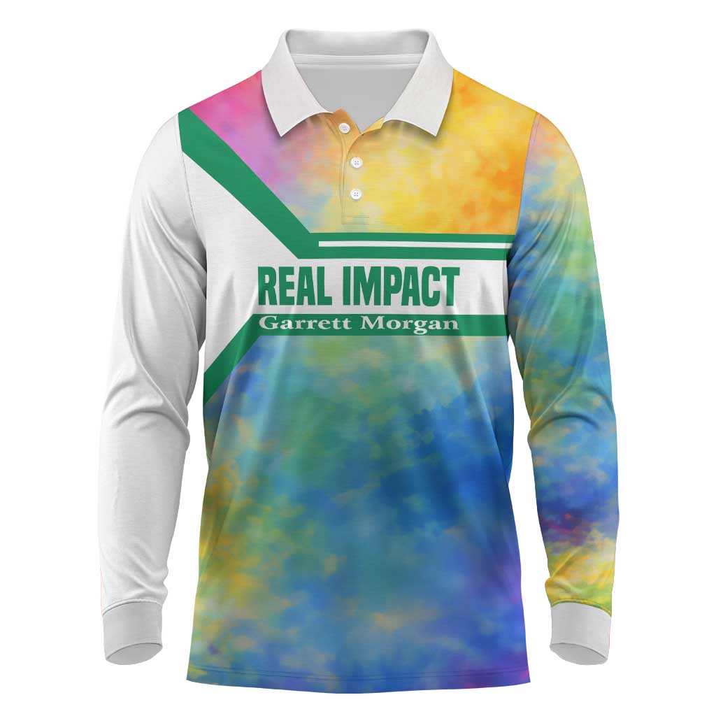 Garrett Morgan Long Sleeve Polo Shirt with Real Impact Quote, Black Inventor Portrait and Vibrant Watercolor - Wonder Print Shop