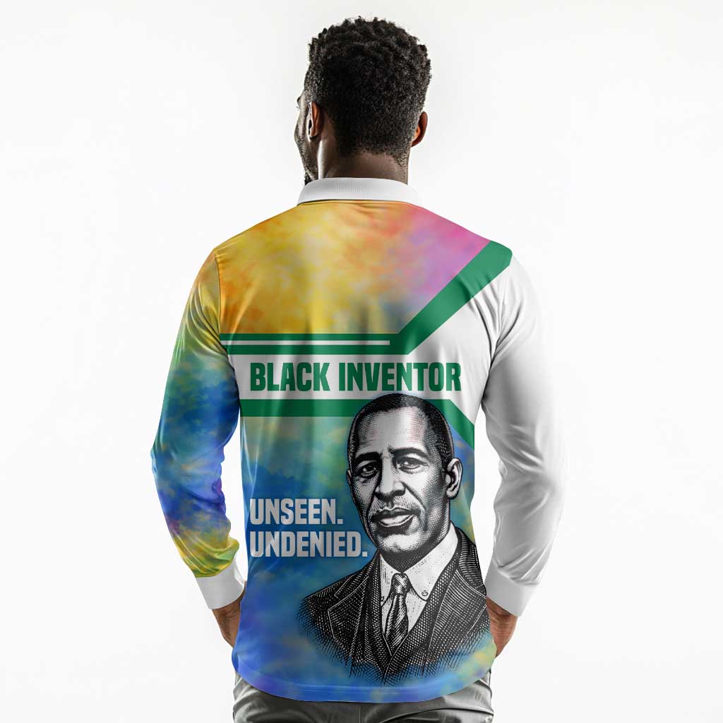 Garrett Morgan Long Sleeve Polo Shirt with Real Impact Quote, Black Inventor Portrait and Vibrant Watercolor - Wonder Print Shop
