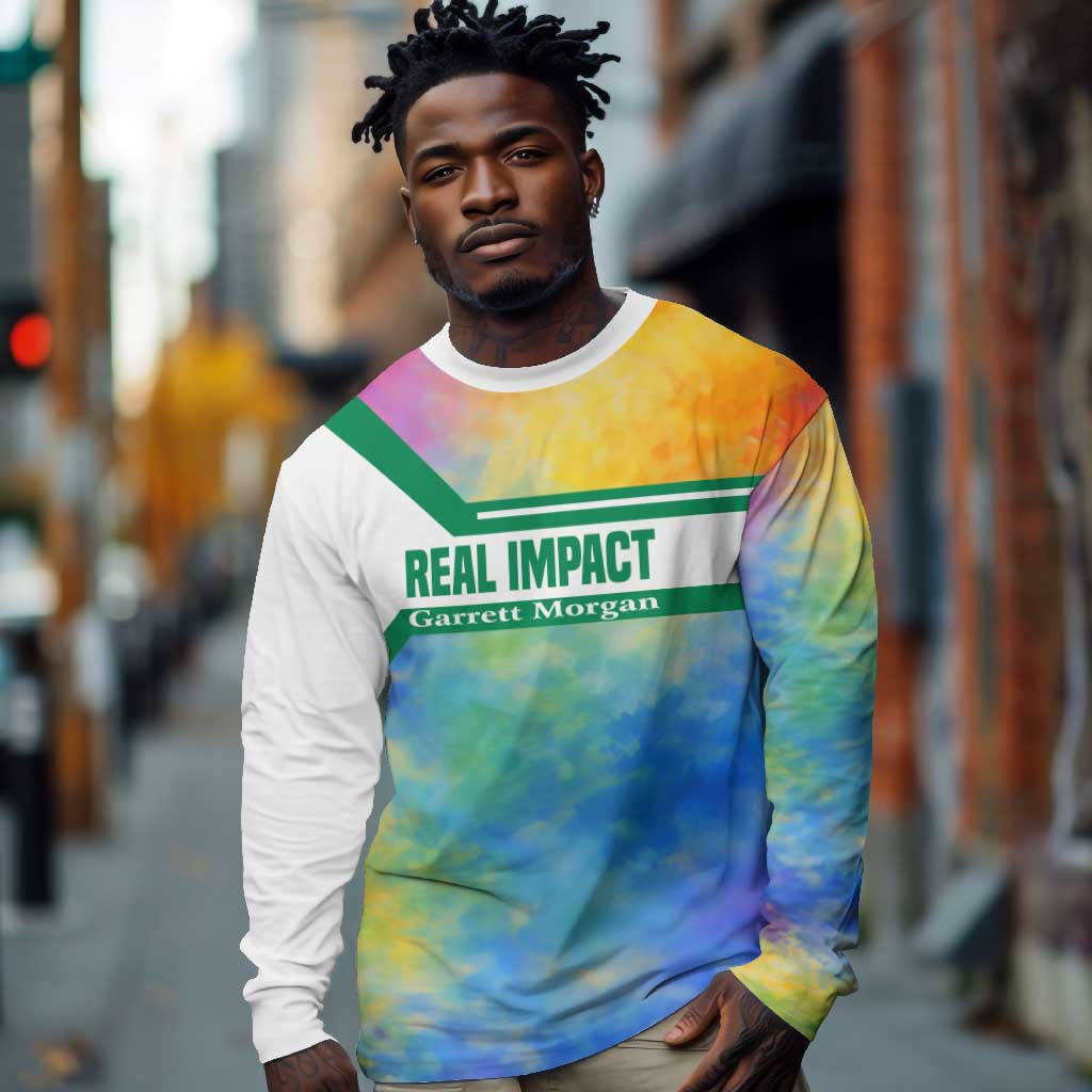 Garrett Morgan Long Sleeve Shirt with Real Impact Quote, Black Inventor Portrait and Vibrant Watercolor - Wonder Print Shop