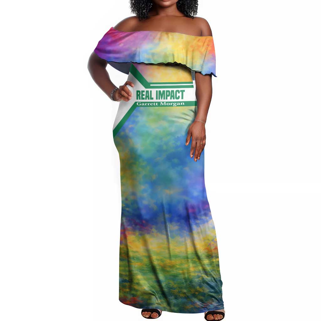 Garrett Morgan Off Shoulder Maxi Dress with Real Impact Quote, Black Inventor Portrait and Vibrant Watercolor - Wonder Print Shop