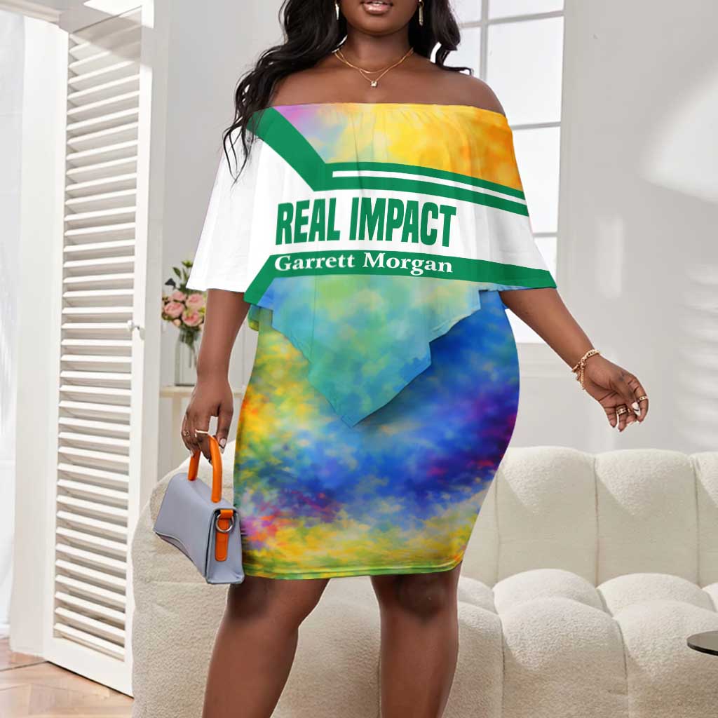 Garrett Morgan Off Shoulder Short Dress with Real Impact Quote, Black Inventor Portrait and Vibrant Watercolor - Wonder Print Shop