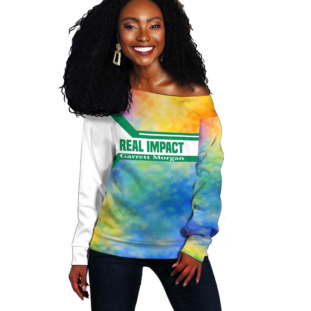 Garrett Morgan Off Shoulder Sweater with Real Impact Quote, Black Inventor Portrait and Vibrant Watercolor - Wonder Print Shop