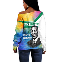 Garrett Morgan Off Shoulder Sweater with Real Impact Quote, Black Inventor Portrait and Vibrant Watercolor - Wonder Print Shop