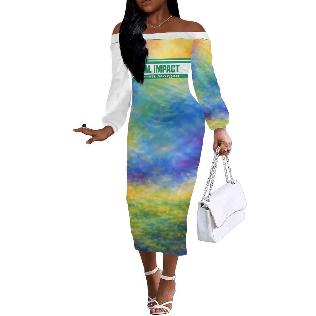 Garrett Morgan Off The Shoulder Long Sleeve Dress with Real Impact Quote, Black Inventor Portrait and Vibrant Watercolor - Wonder Print Shop