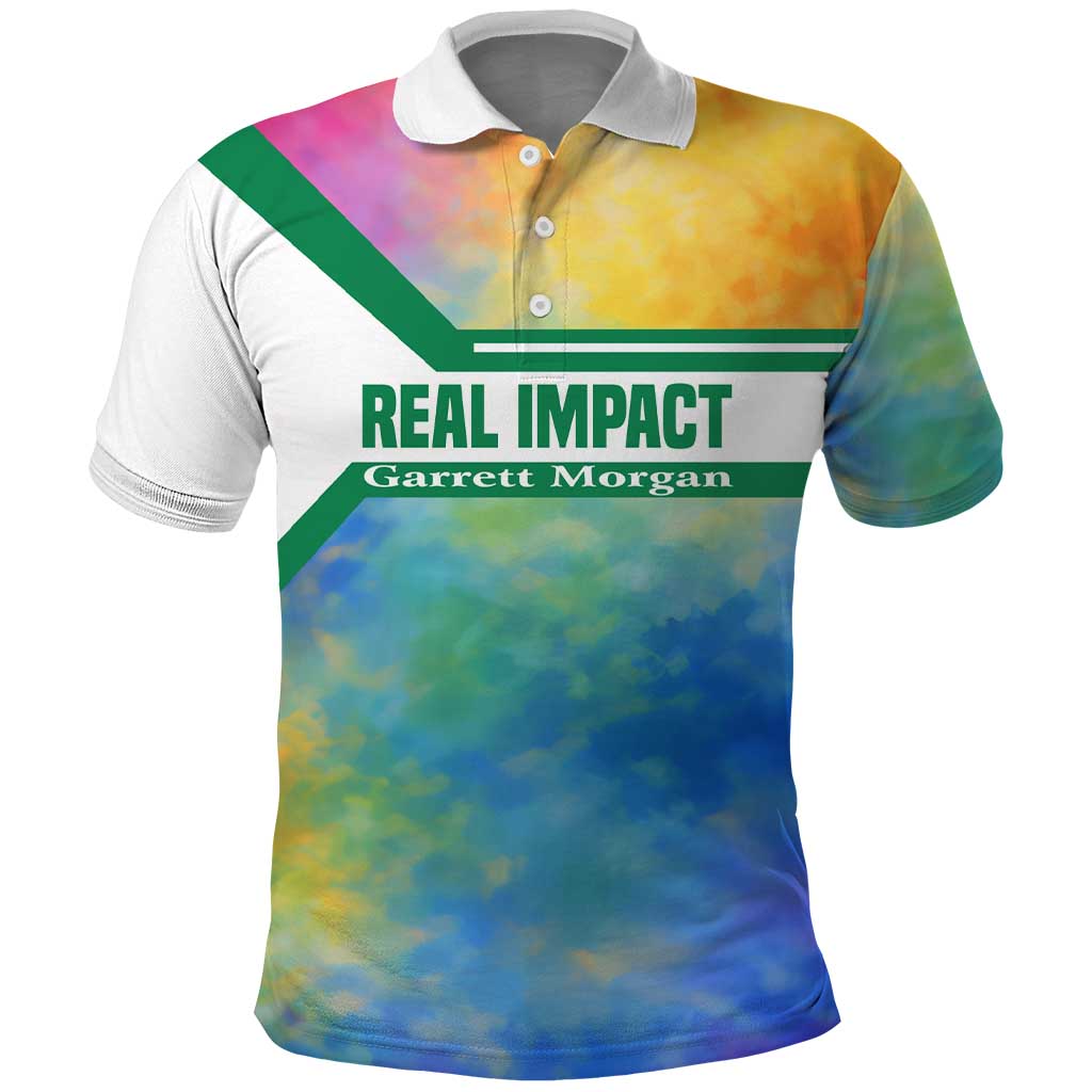 Garrett Morgan Polo Shirt with Real Impact Quote, Black Inventor Portrait and Vibrant Watercolor - Wonder Print Shop