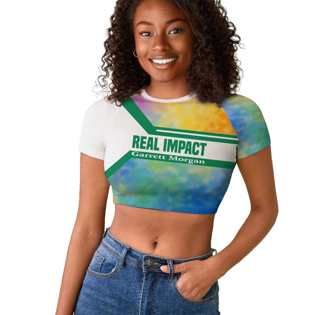 Garrett Morgan Raglan Cropped T shirt with Real Impact Quote, Black Inventor Portrait and Vibrant Watercolor - Wonder Print Shop
