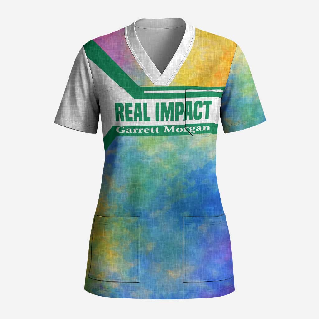 Garrett Morgan Scrub Top with Real Impact Quote, Black Inventor Portrait and Vibrant Watercolor - Wonder Print Shop