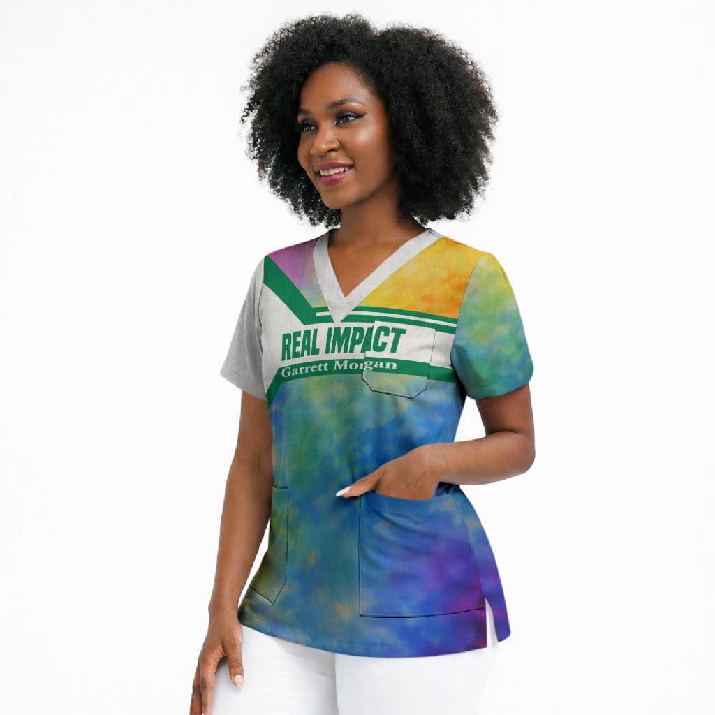 Garrett Morgan Scrub Top with Real Impact Quote, Black Inventor Portrait and Vibrant Watercolor - Wonder Print Shop