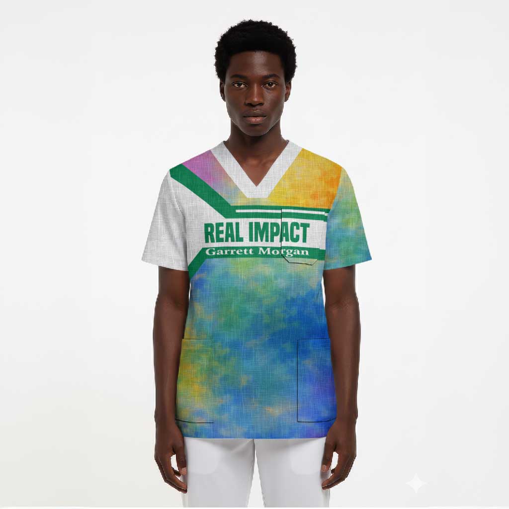 Garrett Morgan Scrub Top with Real Impact Quote, Black Inventor Portrait and Vibrant Watercolor - Wonder Print Shop