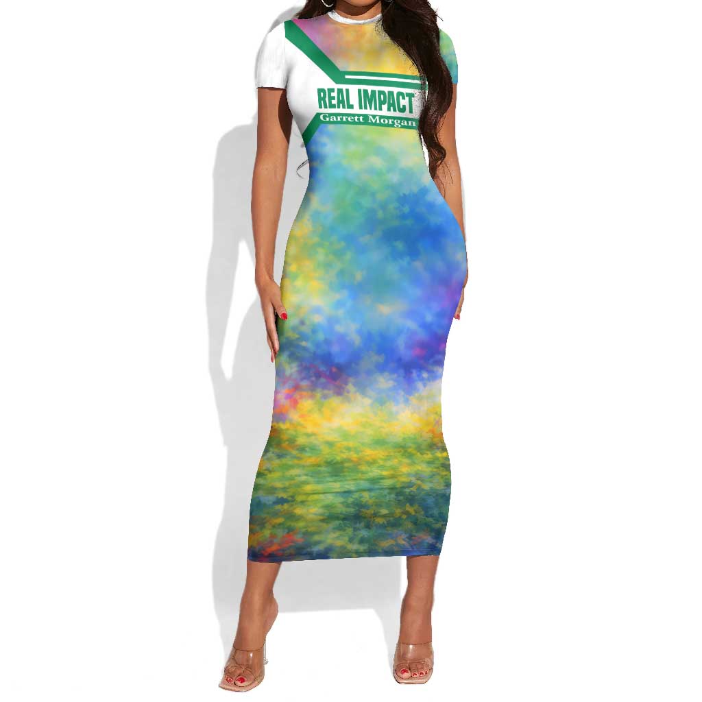 Garrett Morgan Short Sleeve Bodycon Dress with Real Impact Quote, Black Inventor Portrait and Vibrant Watercolor - Wonder Print Shop