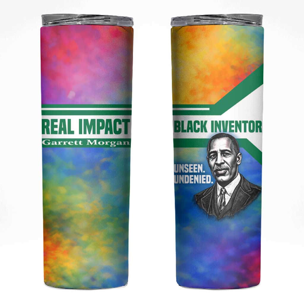 Garrett Morgan Skinny Tumbler with Real Impact Quote, Black Inventor Portrait and Vibrant Watercolor - Wonder Print Shop
