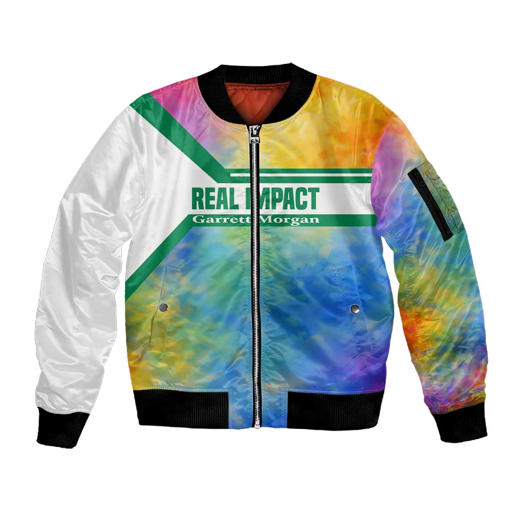 Garrett Morgan Sleeve Zip Bomber Jacket with Real Impact Quote, Black Inventor Portrait and Vibrant Watercolor - Wonder Print Shop