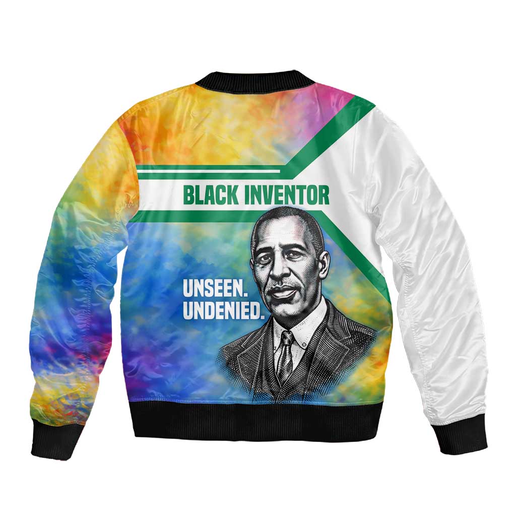 Garrett Morgan Sleeve Zip Bomber Jacket with Real Impact Quote, Black Inventor Portrait and Vibrant Watercolor - Wonder Print Shop
