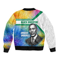 Garrett Morgan Sleeve Zip Bomber Jacket with Real Impact Quote, Black Inventor Portrait and Vibrant Watercolor - Wonder Print Shop