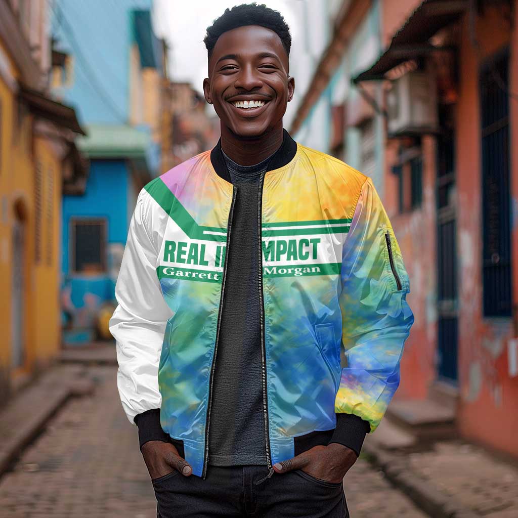 Garrett Morgan Sleeve Zip Bomber Jacket with Real Impact Quote, Black Inventor Portrait and Vibrant Watercolor - Wonder Print Shop