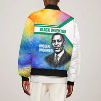 Garrett Morgan Sleeve Zip Bomber Jacket with Real Impact Quote, Black Inventor Portrait and Vibrant Watercolor - Wonder Print Shop