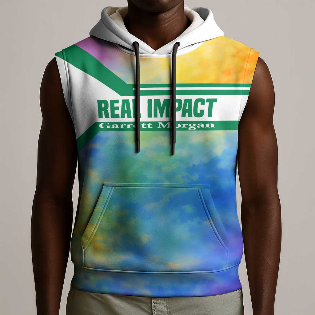 Garrett Morgan Sleeveless Hoodie with Real Impact Quote, Black Inventor Portrait and Vibrant Watercolor - Wonder Print Shop