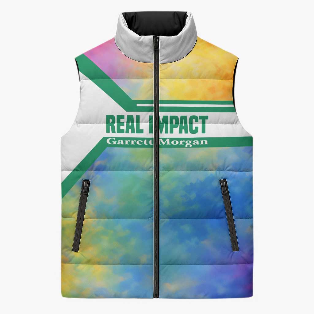 Garrett Morgan Sleeveless Puffer Jacket with Real Impact Quote, Black Inventor Portrait and Vibrant Watercolor - Wonder Print Shop