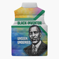 Garrett Morgan Sleeveless Puffer Jacket with Real Impact Quote, Black Inventor Portrait and Vibrant Watercolor - Wonder Print Shop