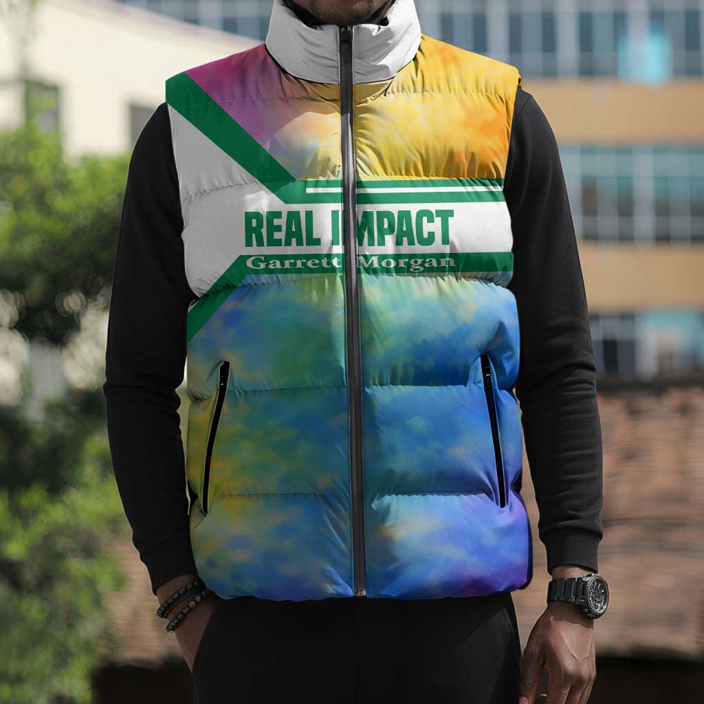 Garrett Morgan Sleeveless Puffer Jacket with Real Impact Quote, Black Inventor Portrait and Vibrant Watercolor - Wonder Print Shop