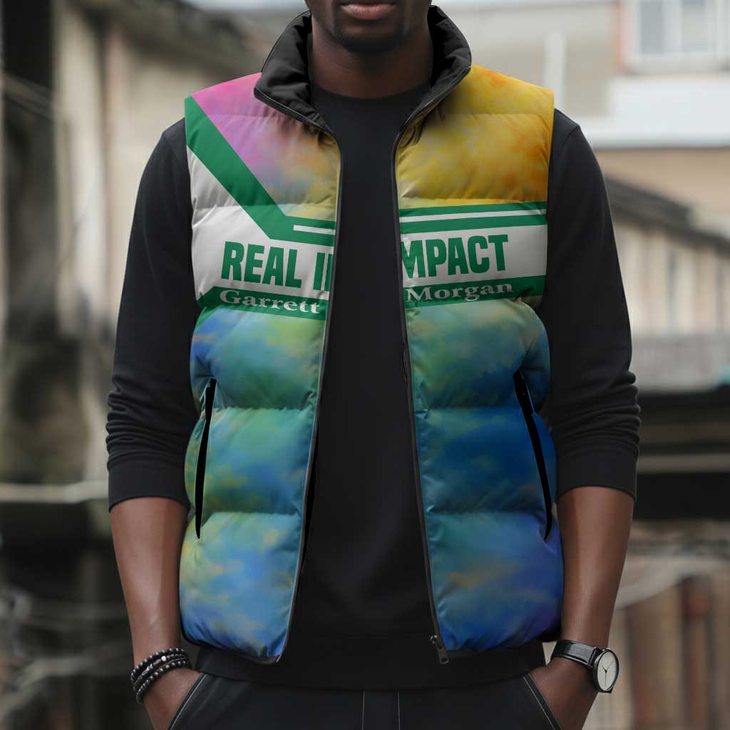 Garrett Morgan Sleeveless Puffer Jacket with Real Impact Quote, Black Inventor Portrait and Vibrant Watercolor - Wonder Print Shop