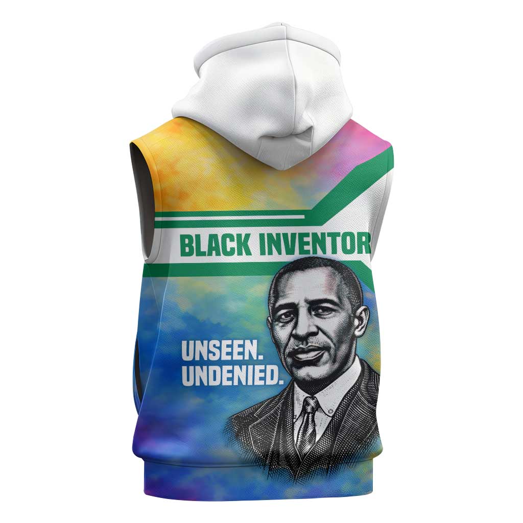 Garrett Morgan Sleeveless Zip Hoodie with Real Impact Quote, Black Inventor Portrait and Vibrant Watercolor - Wonder Print Shop