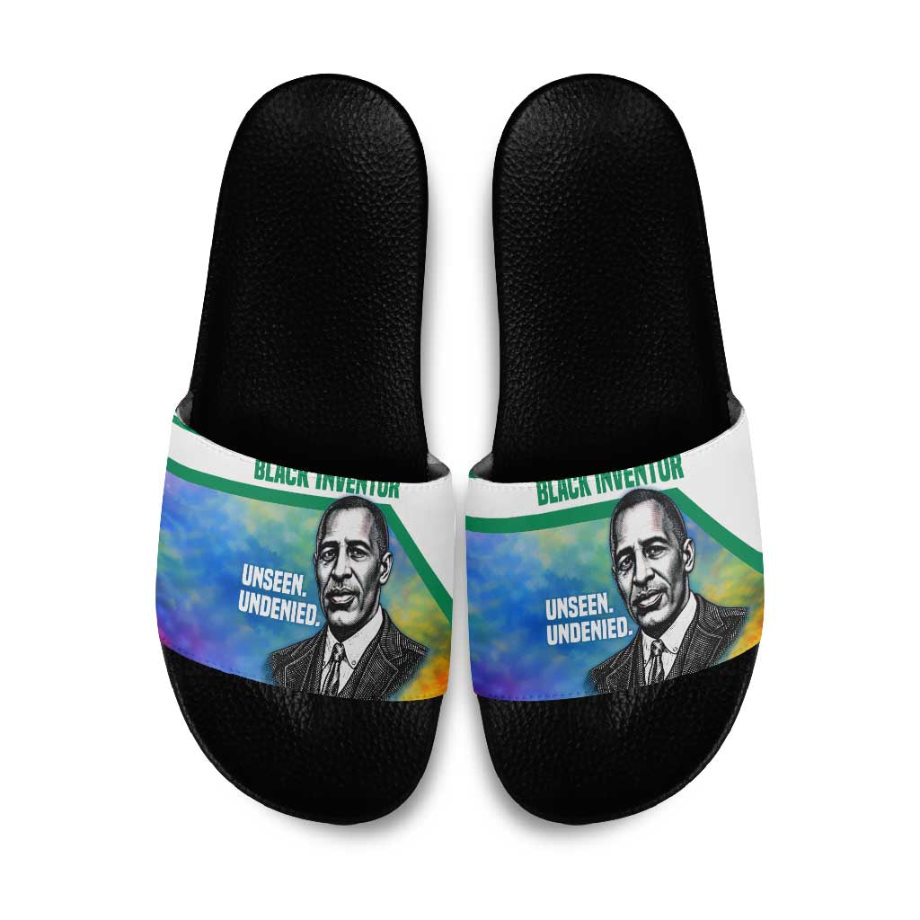 Garrett Morgan Slide Sandals with Real Impact Quote, Black Inventor Portrait and Vibrant Watercolor - Wonder Print Shop