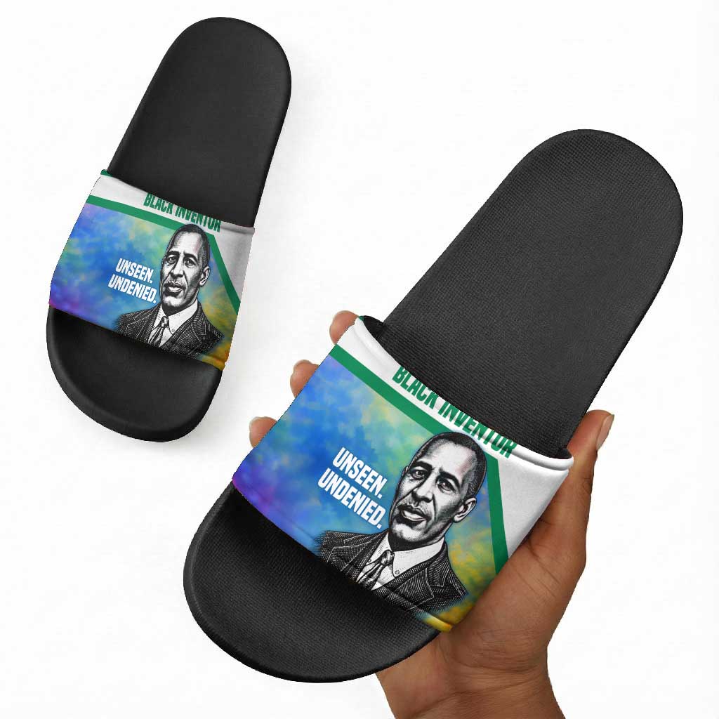 Garrett Morgan Slide Sandals with Real Impact Quote, Black Inventor Portrait and Vibrant Watercolor - Wonder Print Shop