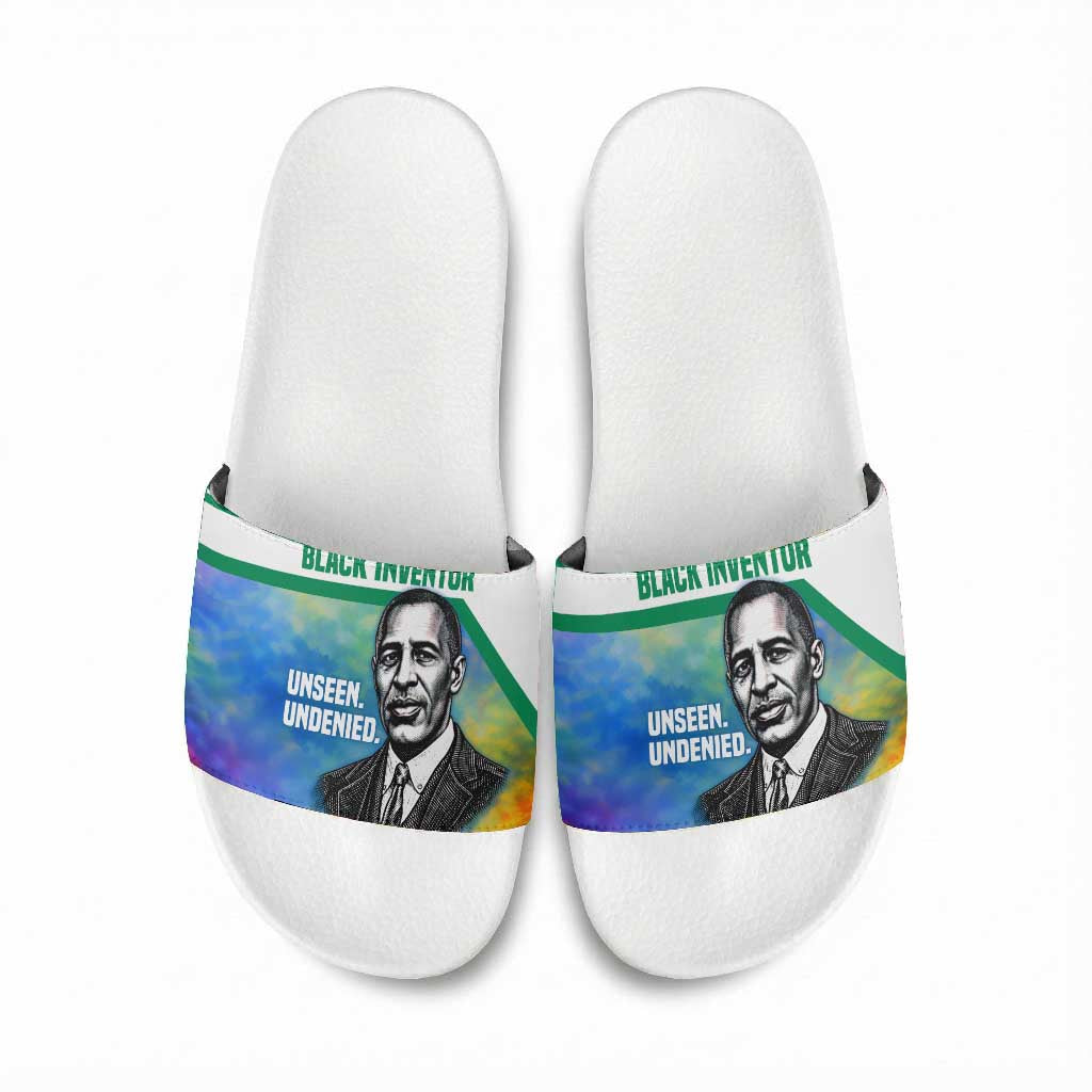 Garrett Morgan Slide Sandals with Real Impact Quote, Black Inventor Portrait and Vibrant Watercolor - Wonder Print Shop
