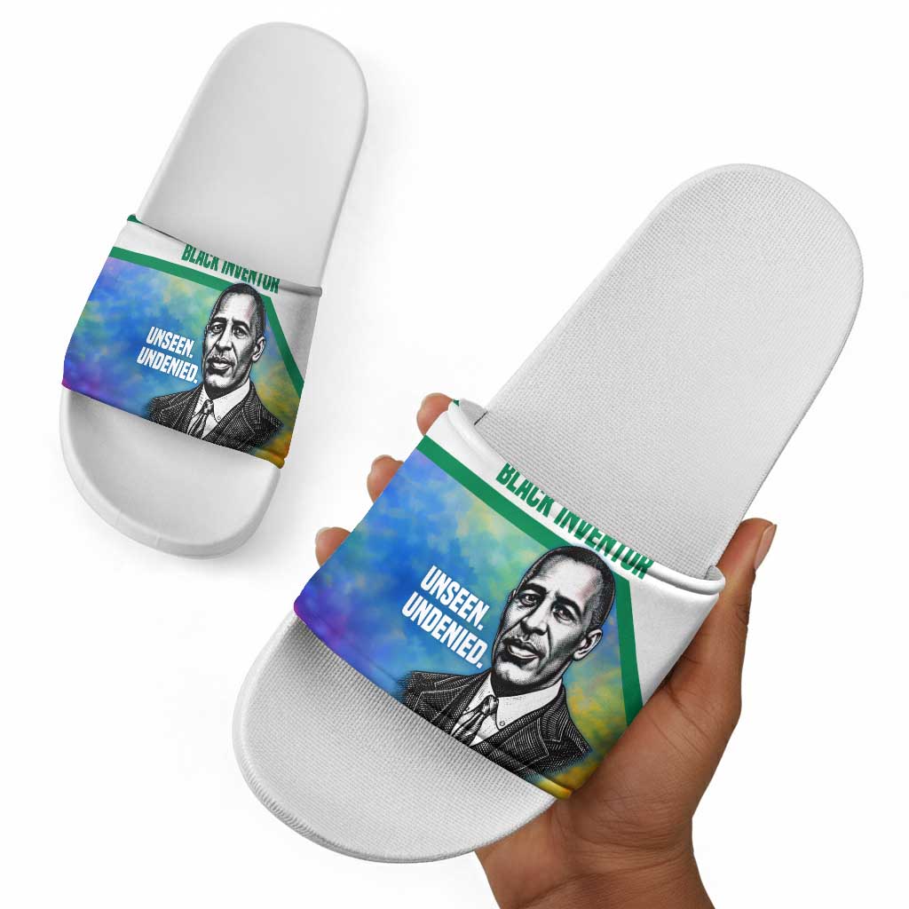 Garrett Morgan Slide Sandals with Real Impact Quote, Black Inventor Portrait and Vibrant Watercolor - Wonder Print Shop