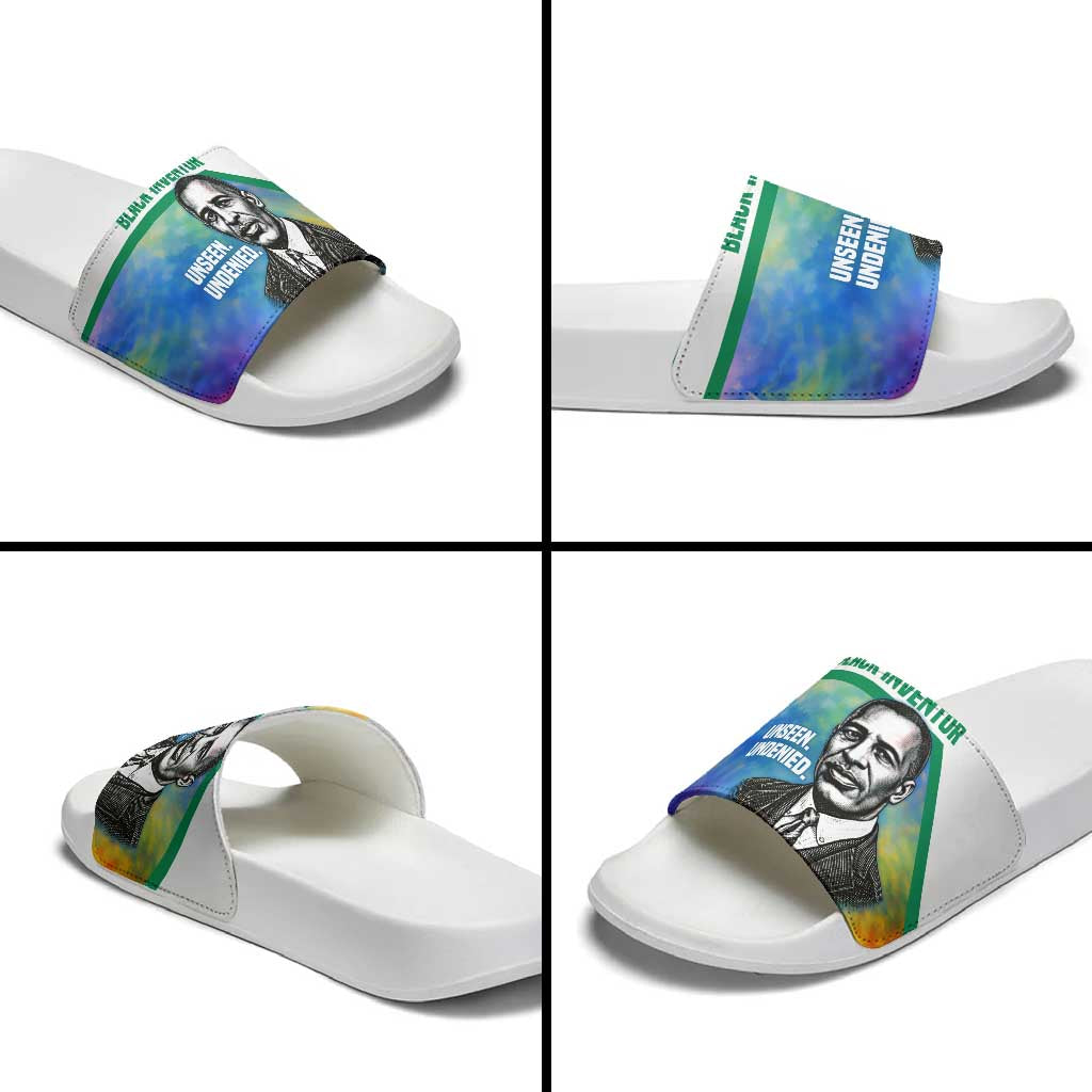 Garrett Morgan Slide Sandals with Real Impact Quote, Black Inventor Portrait and Vibrant Watercolor - Wonder Print Shop