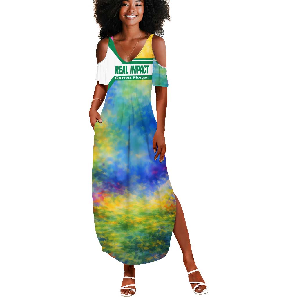Garrett Morgan Summer Maxi Dress with Real Impact Quote, Black Inventor Portrait and Vibrant Watercolor - Wonder Print Shop