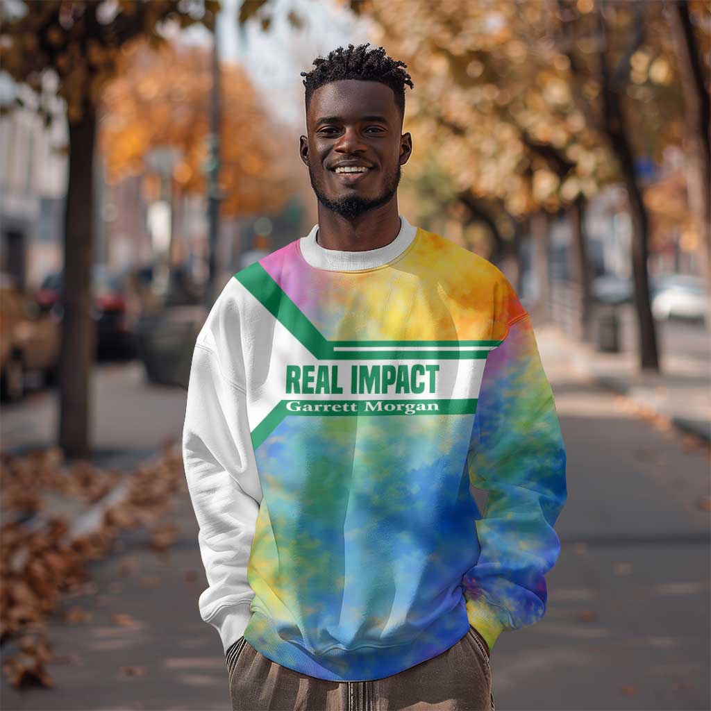 Garrett Morgan Sweatshirt with Real Impact Quote, Black Inventor Portrait and Vibrant Watercolor - Wonder Print Shop