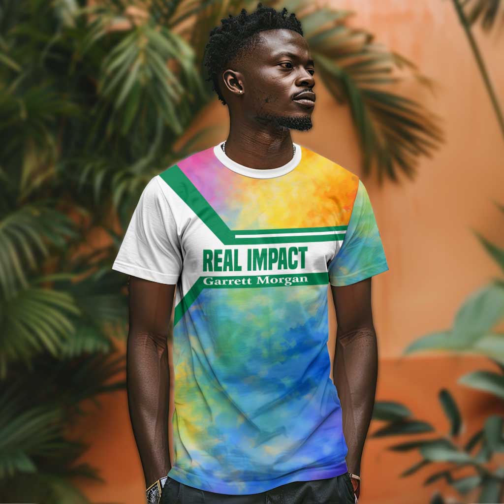 Garrett Morgan T shirt with Real Impact Quote, Black Inventor Portrait and Vibrant Watercolor - Wonder Print Shop