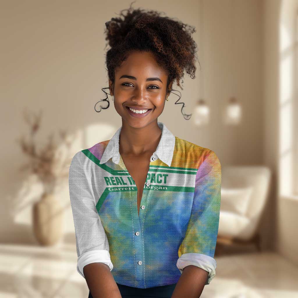 Garrett Morgan Women Casual Shirt with Real Impact Quote, Black Inventor Portrait and Vibrant Watercolor - Wonder Print Shop