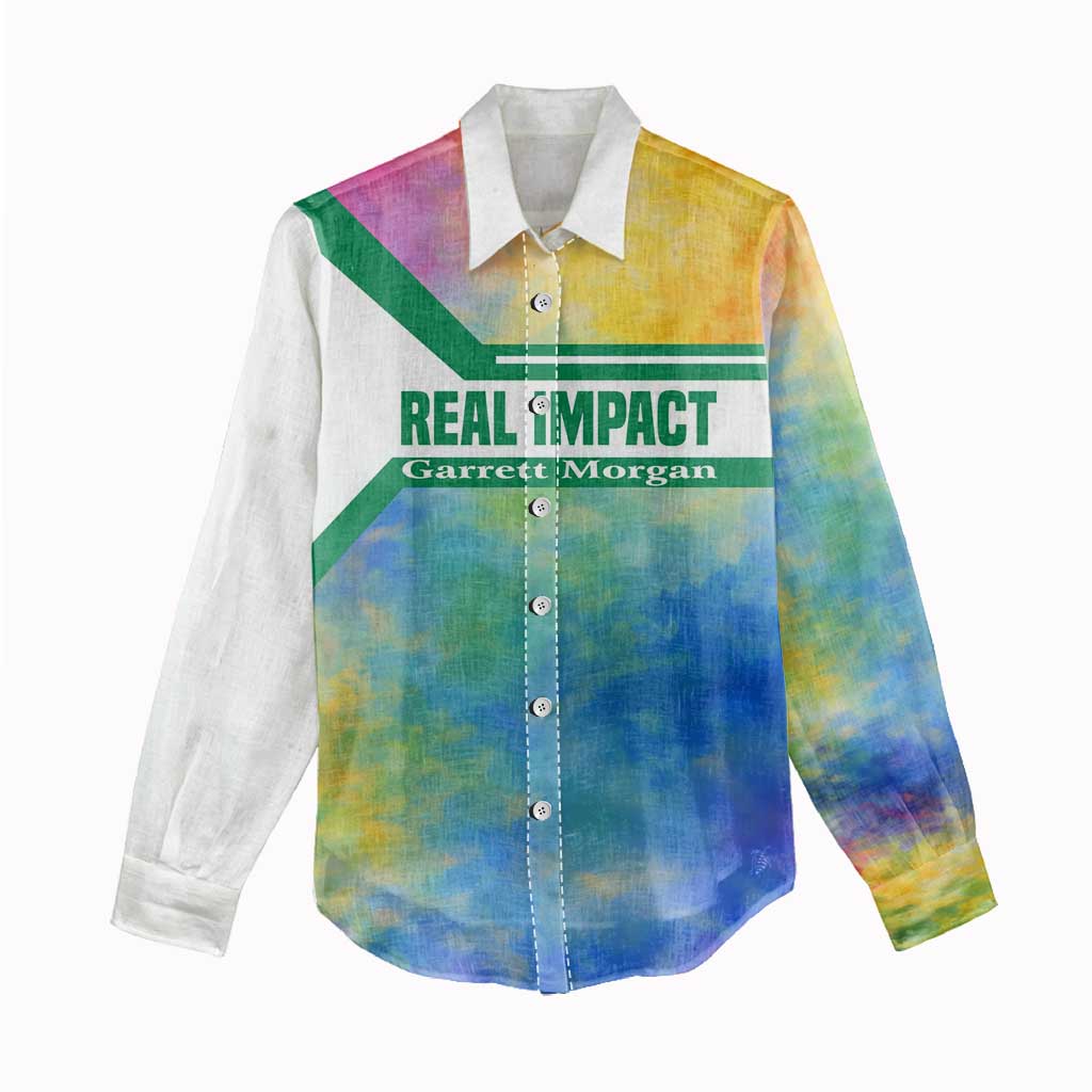 Garrett Morgan Women Casual Shirt with Real Impact Quote, Black Inventor Portrait and Vibrant Watercolor - Wonder Print Shop