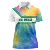 Garrett Morgan Women Polo Shirt with Real Impact Quote, Black Inventor Portrait and Vibrant Watercolor - Wonder Print Shop