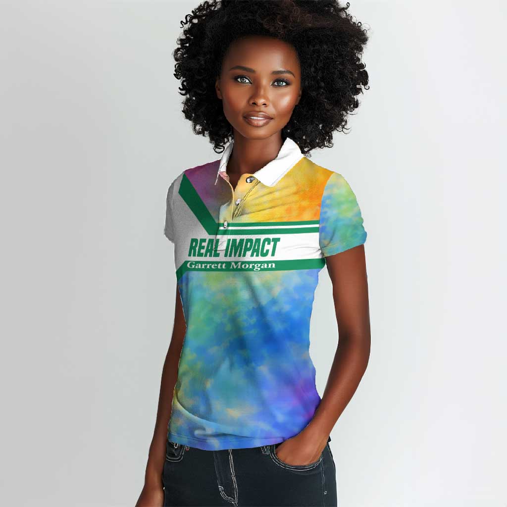 Garrett Morgan Women Polo Shirt with Real Impact Quote, Black Inventor Portrait and Vibrant Watercolor - Wonder Print Shop