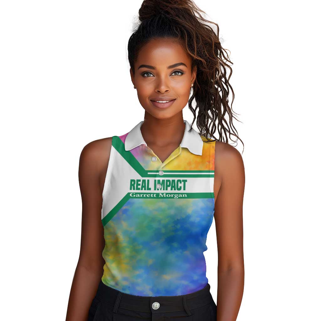 Garrett Morgan Women Sleeveless Polo Shirt with Real Impact Quote, Black Inventor Portrait and Vibrant Watercolor - Wonder Print Shop