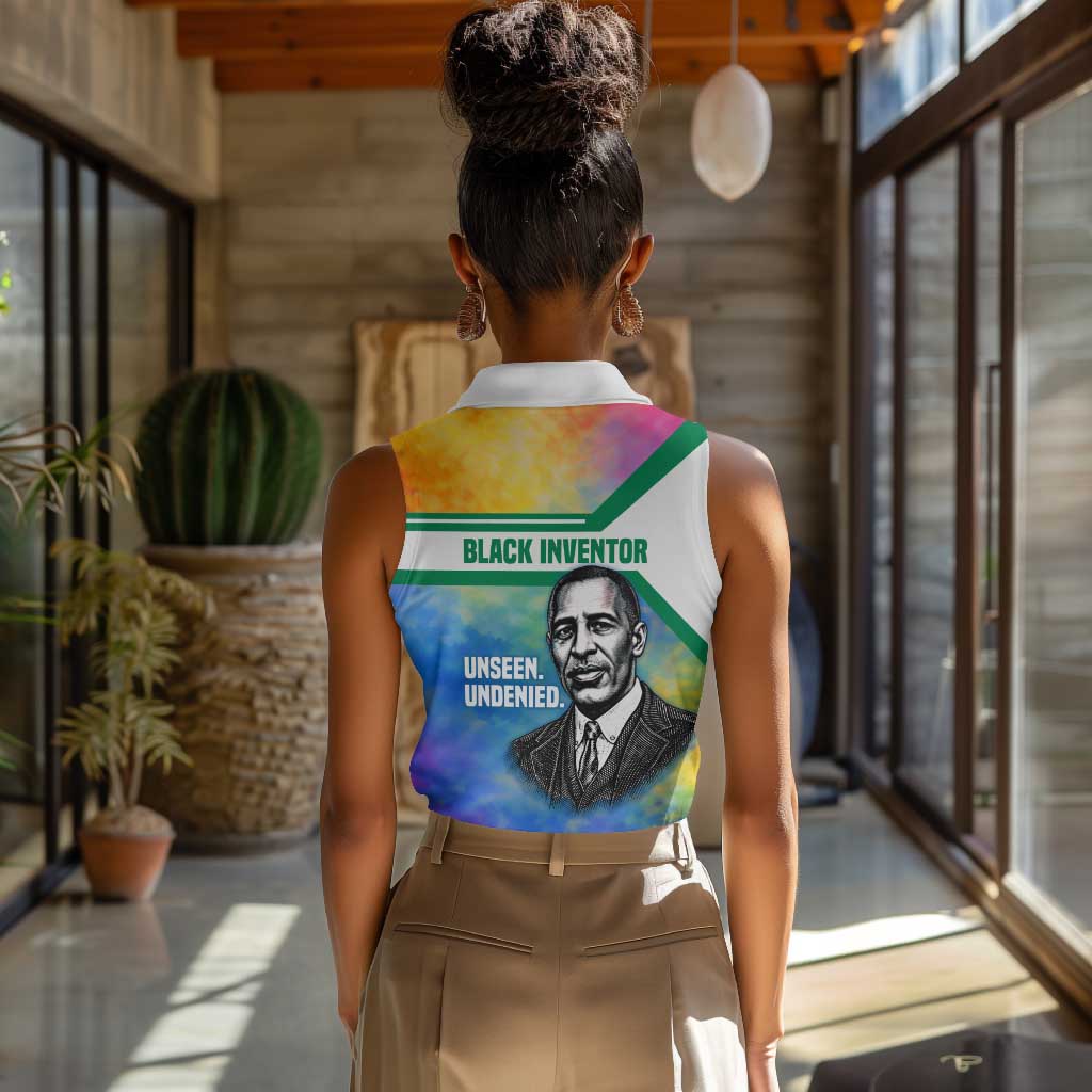 Garrett Morgan Women Sleeveless Polo Shirt with Real Impact Quote, Black Inventor Portrait and Vibrant Watercolor - Wonder Print Shop