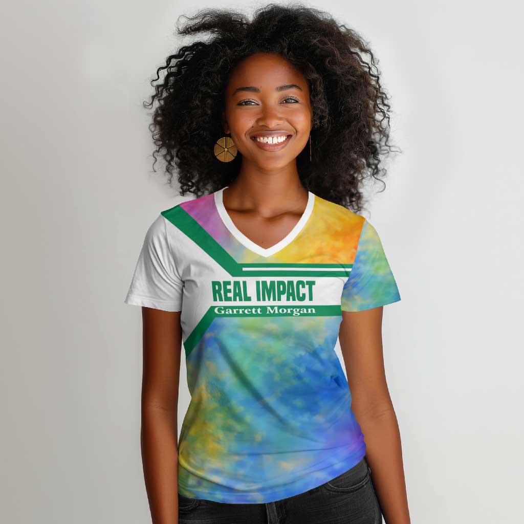 Garrett Morgan Women V-Neck T-Shirt with Real Impact Quote, Black Inventor Portrait and Vibrant Watercolor - Wonder Print Shop